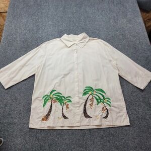 Vintage Bechamel Tan Pinstripe Cotton Monkey Palm Tree Embroidered‎ Shirt XL